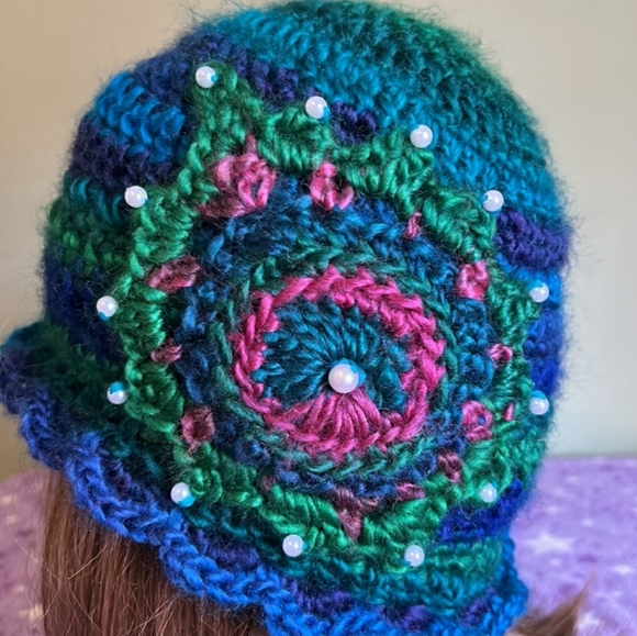 crochet hats Accessories - Crochet  peacock feather beanie medium soft satin acrylic yarn new